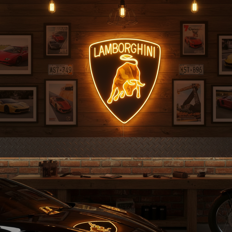 A golden Lamborghini bull shield logo neon sign glowing vibrantly in a carefully curated garage setting, casting a radiant light that enhances the space's sporty atmosphere.
