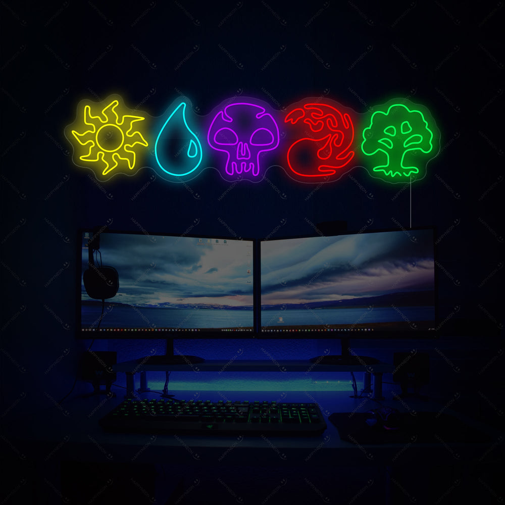 A vibrant 'MTG' neon sign glowing in a dimly lit gaming setup with PC monitors and figures.