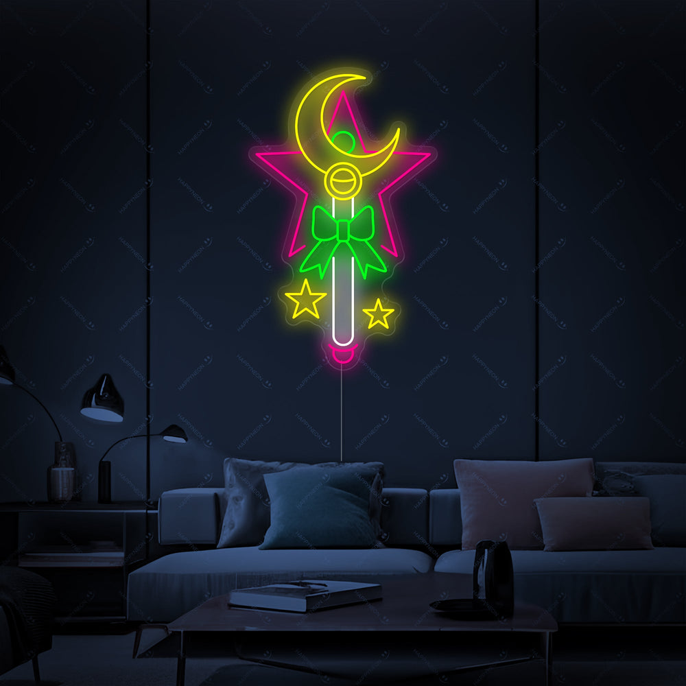 A detailed close-up of the glowing pink star and wand design of the 'Magic Stick' neon sign, showcasing the craftsmanship and vibrant colors of the neon tubing.