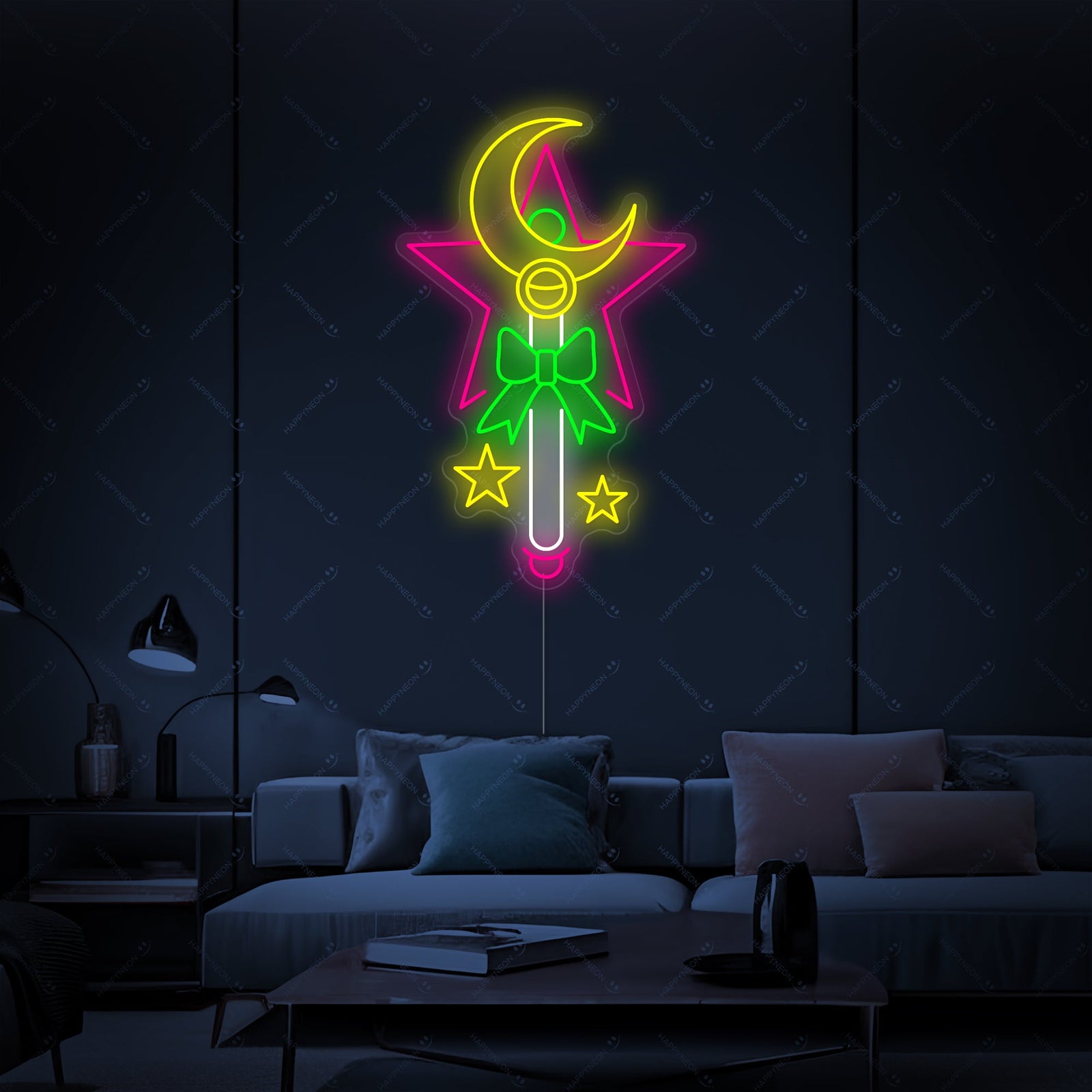 A detailed close-up of the glowing pink star and wand design of the 'Magic Stick' neon sign, showcasing the craftsmanship and vibrant colors of the neon tubing.
