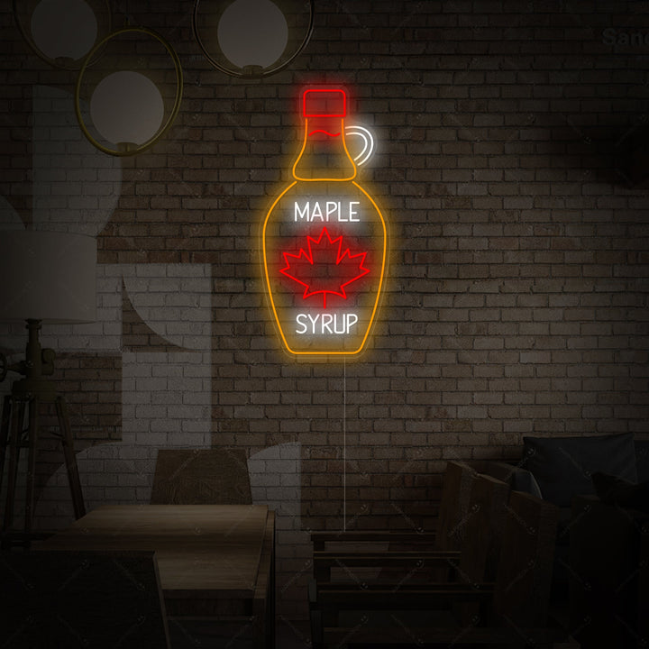 A graphic design mockup showing a stylized Maple Syrup bottle with glowing neon tube outlines and internal liquid effect on a simple dark background.