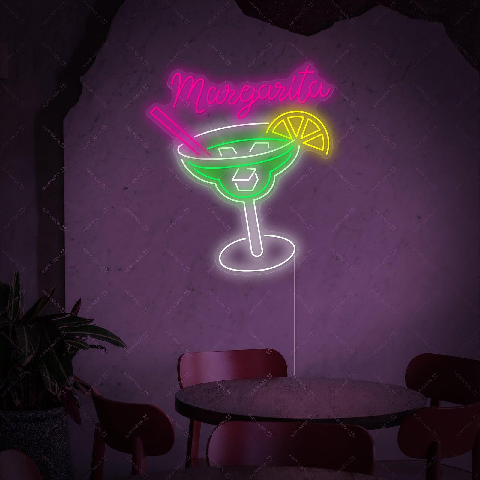 The Margarita Neon Sign mounted and glowing on a decorative wall, showcasing the realistic tube design and power cord.