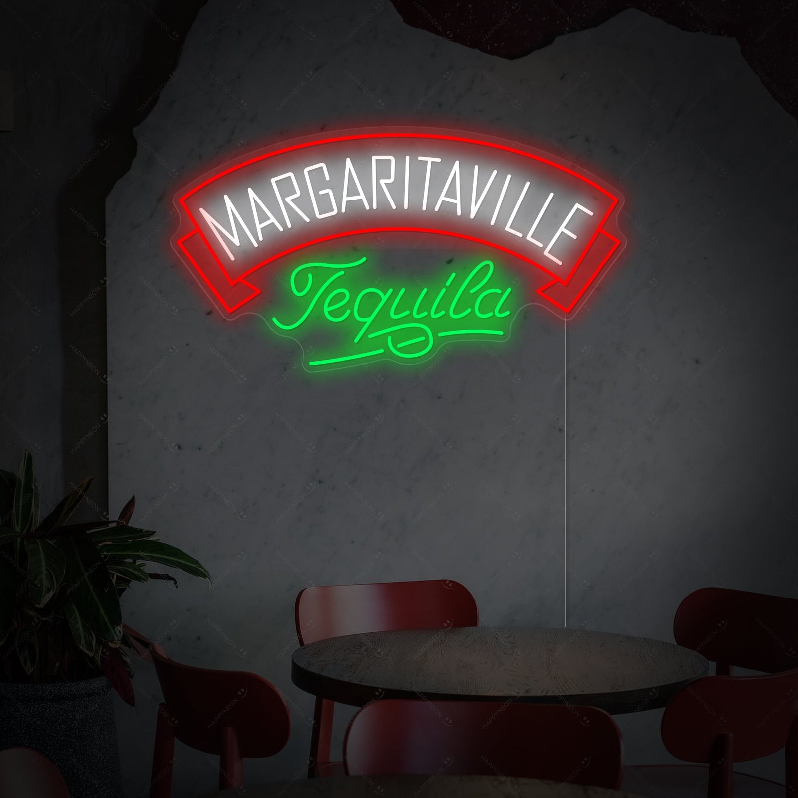 Vibrant blue and yellow 'Margaritaville Tequila' neon sign with an anchor logo, mounted in a cozy, blurred bar setting.