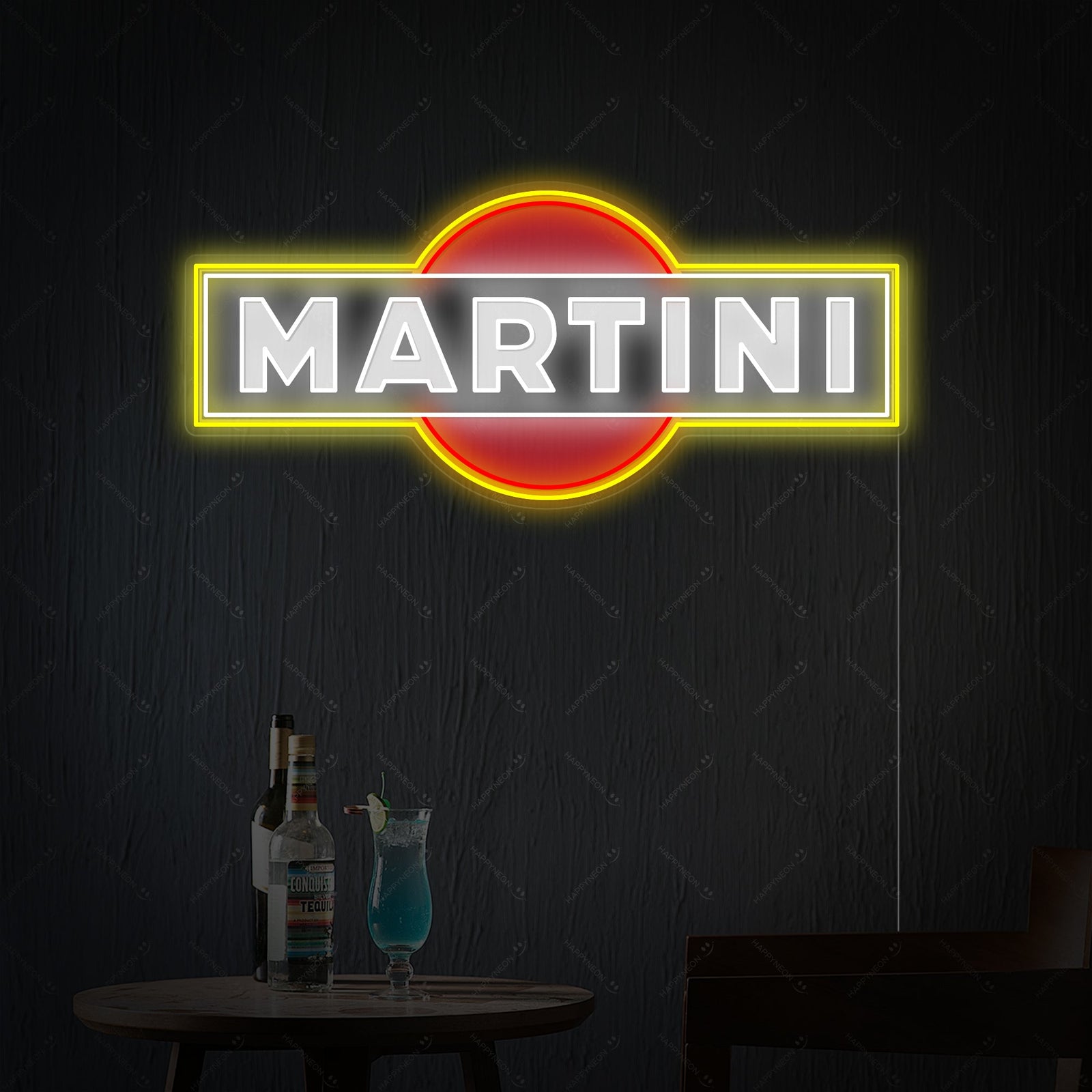 Detailed product shot of the Martini logo neon sign, showcasing the clear acrylic backing and mounting hardware.