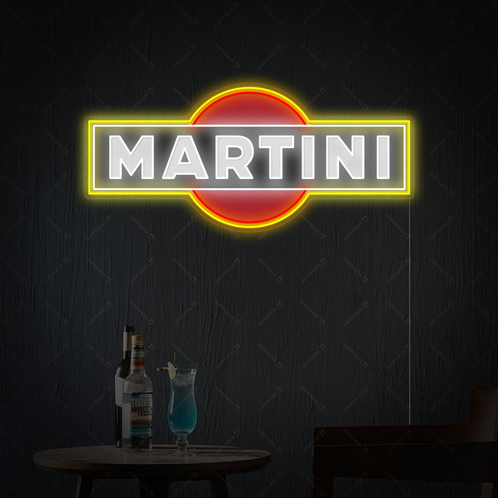 Detailed product shot of the Martini logo neon sign, showcasing the clear acrylic backing and mounting hardware.