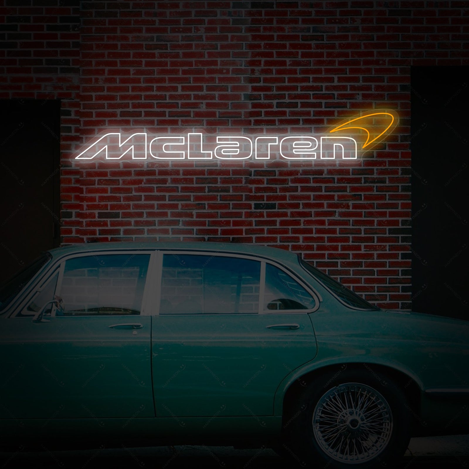 A graphical representation of the Mclar-Car neon sign glowing brightly against a brick wall background next to a vintage sports car.