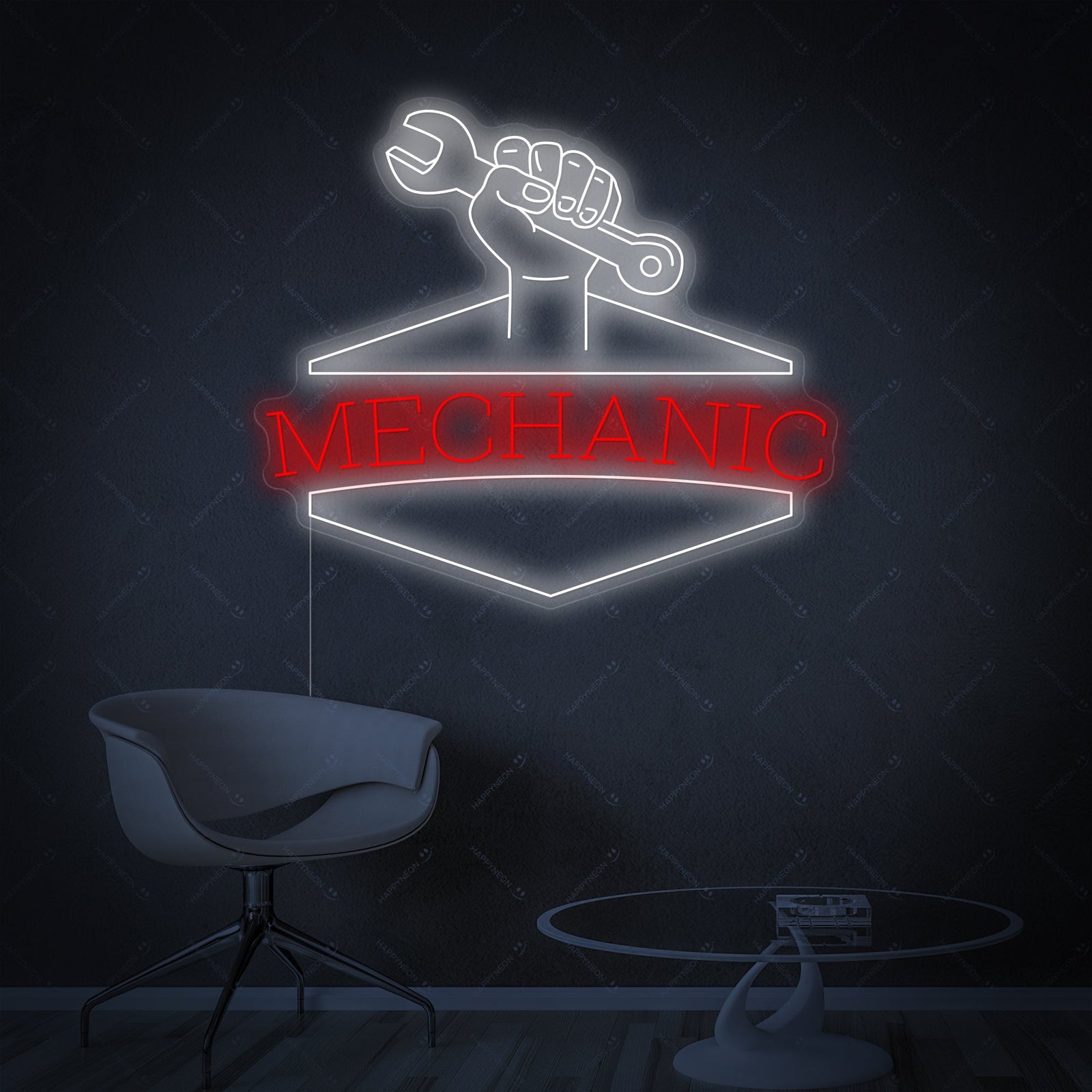 The 'Mechanic' neon sign design showcasing the tube structure and power cord against a dark backdrop.