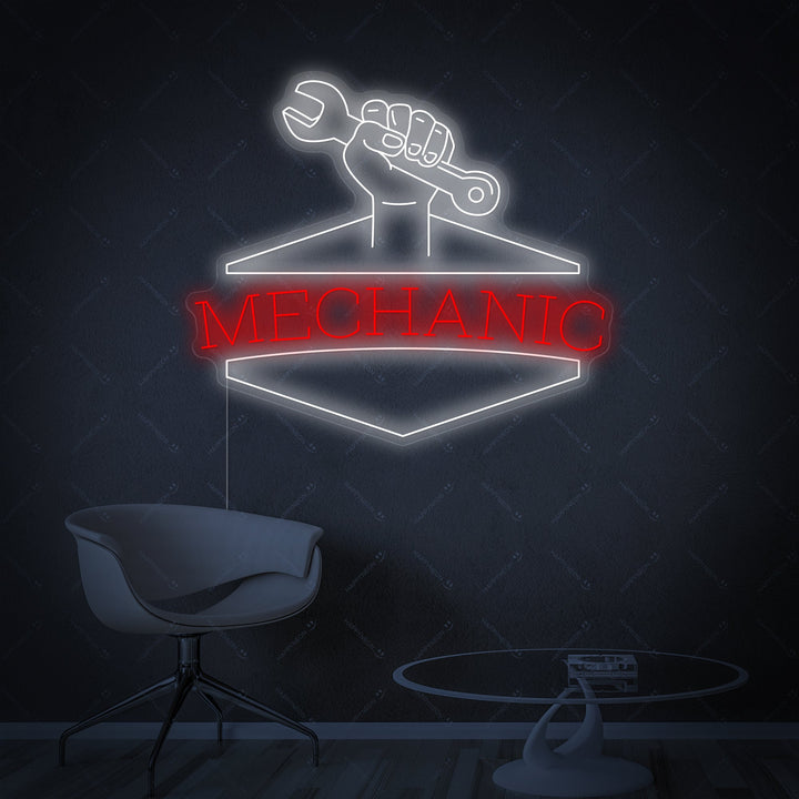 The 'Mechanic' neon sign design showcasing the tube structure and power cord against a dark backdrop.