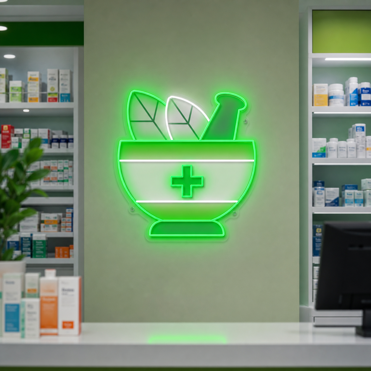Illuminated Medical Pharmacy neon sign with white cross on dark background