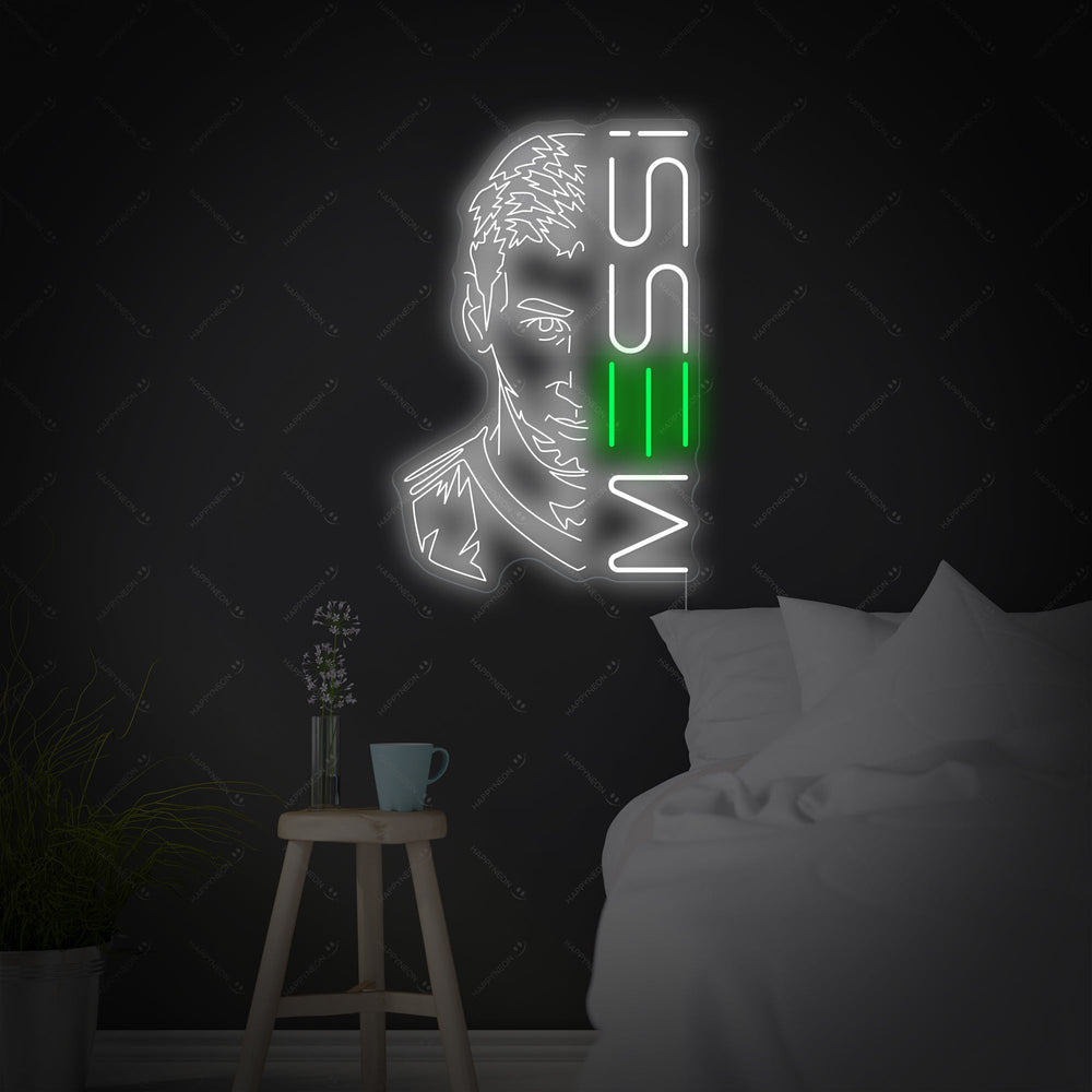 A clean graphic representation of the Messi neon sign design against a dark background.