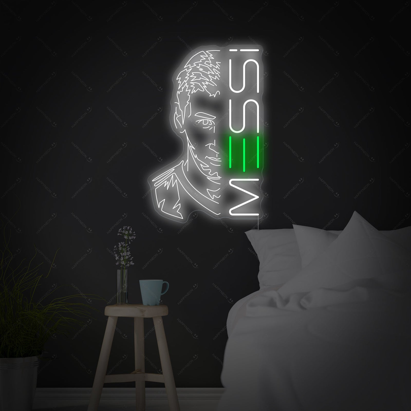 A clean graphic representation of the Messi neon sign design against a dark background.