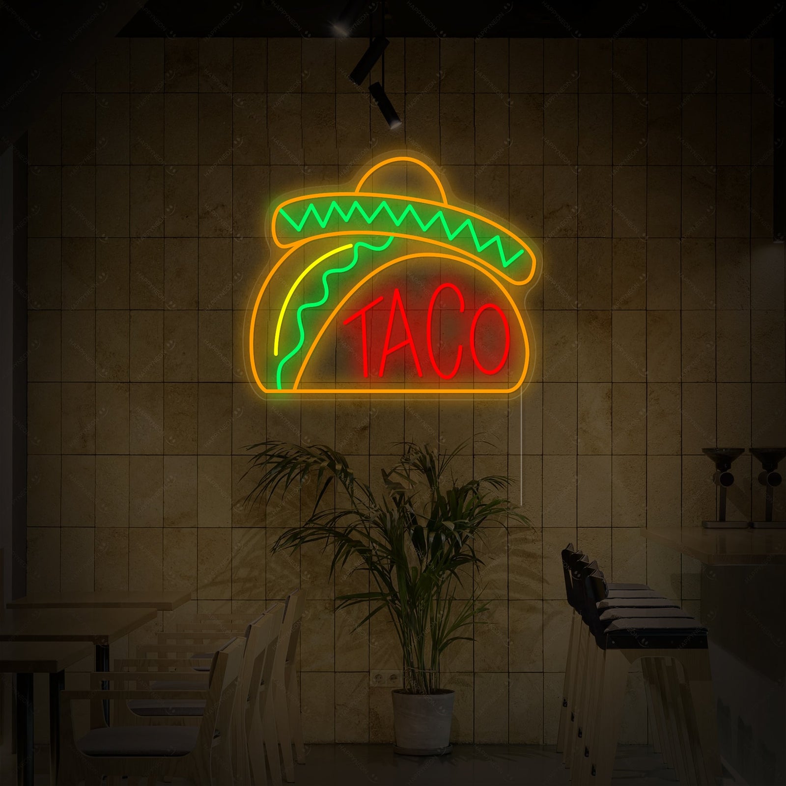 A clean digital design graphic of the 'Mexican Taco' neon sign, featuring clear illuminated lines against a dark background, showing the intended look of the sign.