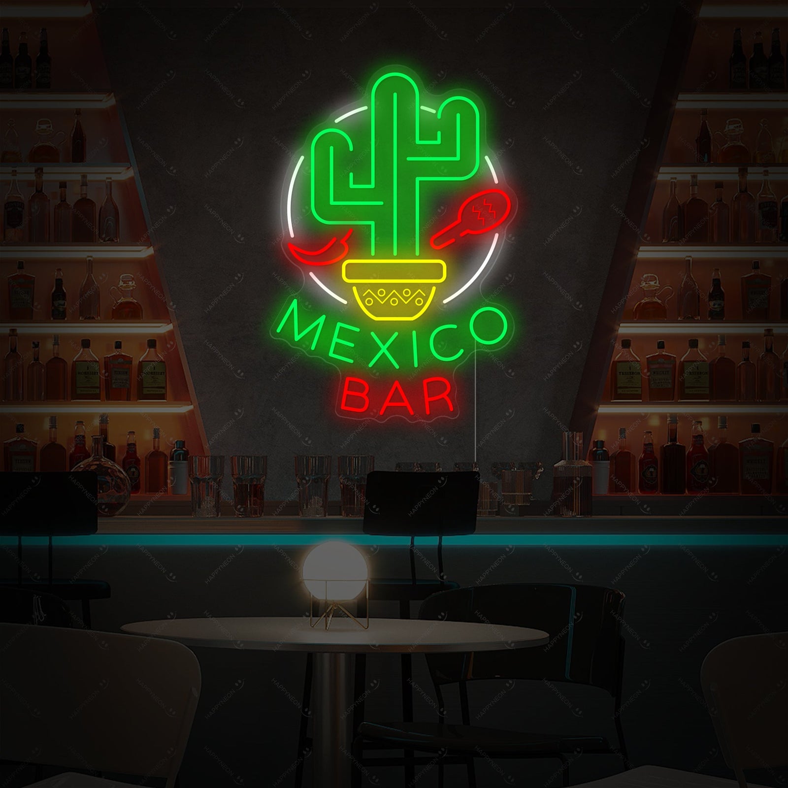 The 'Mexico Bar' neon sign illuminated, showcasing the red tubing and clear acrylic backing against a dark brick wall within a commercial bar setting.