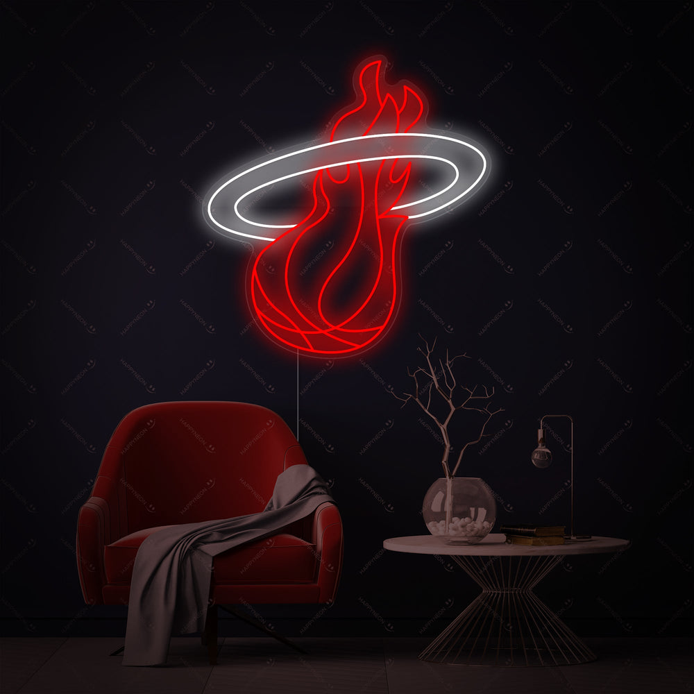 Closeup view of the unlit Miami Basketball Team Logo neon sign showing the clear acrylic backing and tubing structure.