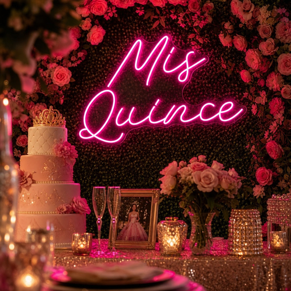 A lifestyle mockup showing the "Mis Quince" neon sign illuminating a decorated space.