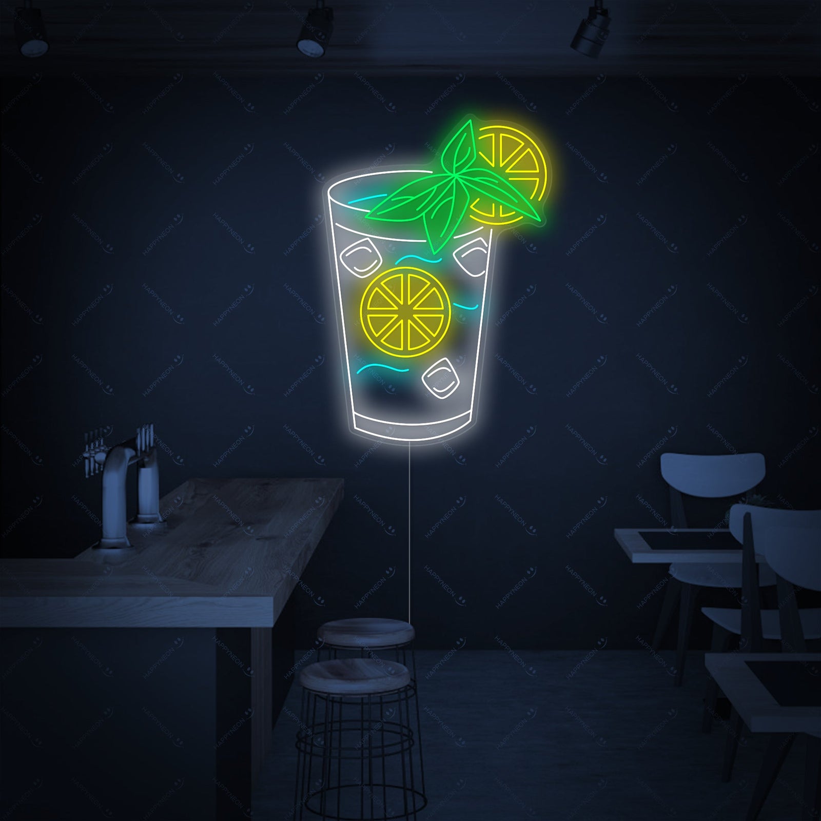 Close-up detail shot showing the lit neon tubing construction and the clear acrylic backing of the "Mojito Bar" sign.