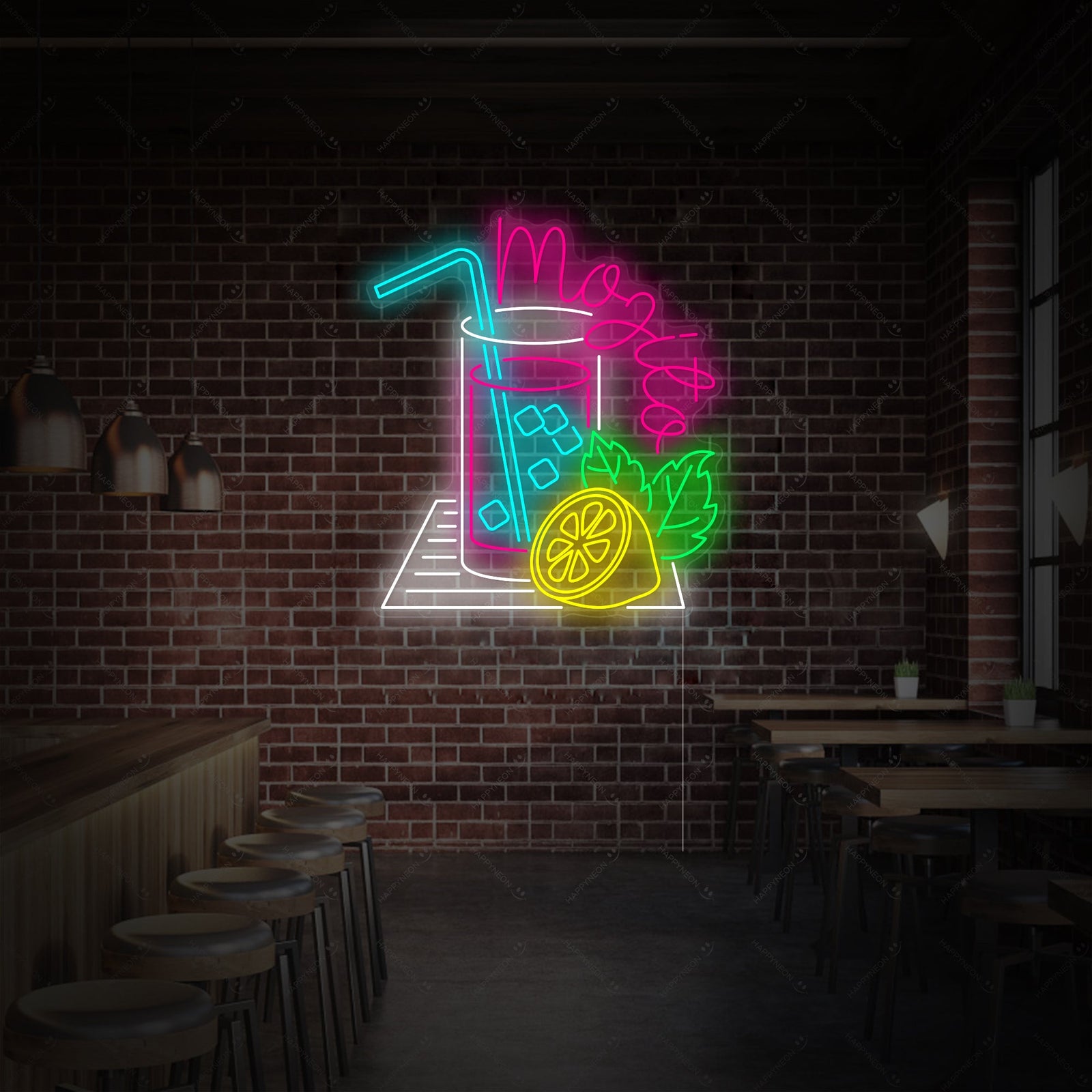 Close-up flat lay view of the 'Mojito' green neon sign design with a lime slice detail.