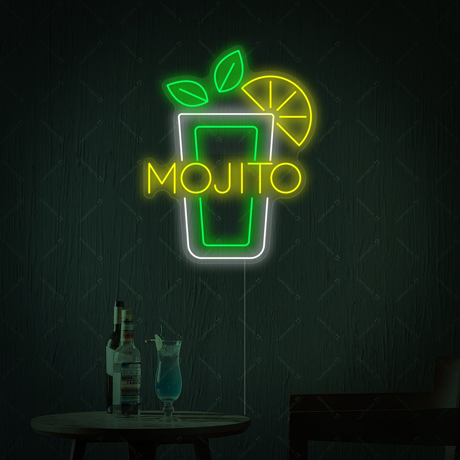 A glowing Mojito Wine Glass neon wall sign with clear mounting backing, mounted over a wooden counter with a real cocktail and mint leaves.
