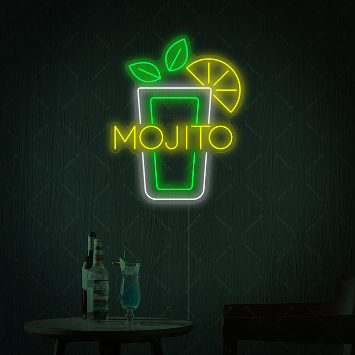 A glowing Mojito Wine Glass neon wall sign with clear mounting backing, mounted over a wooden counter with a real cocktail and mint leaves.