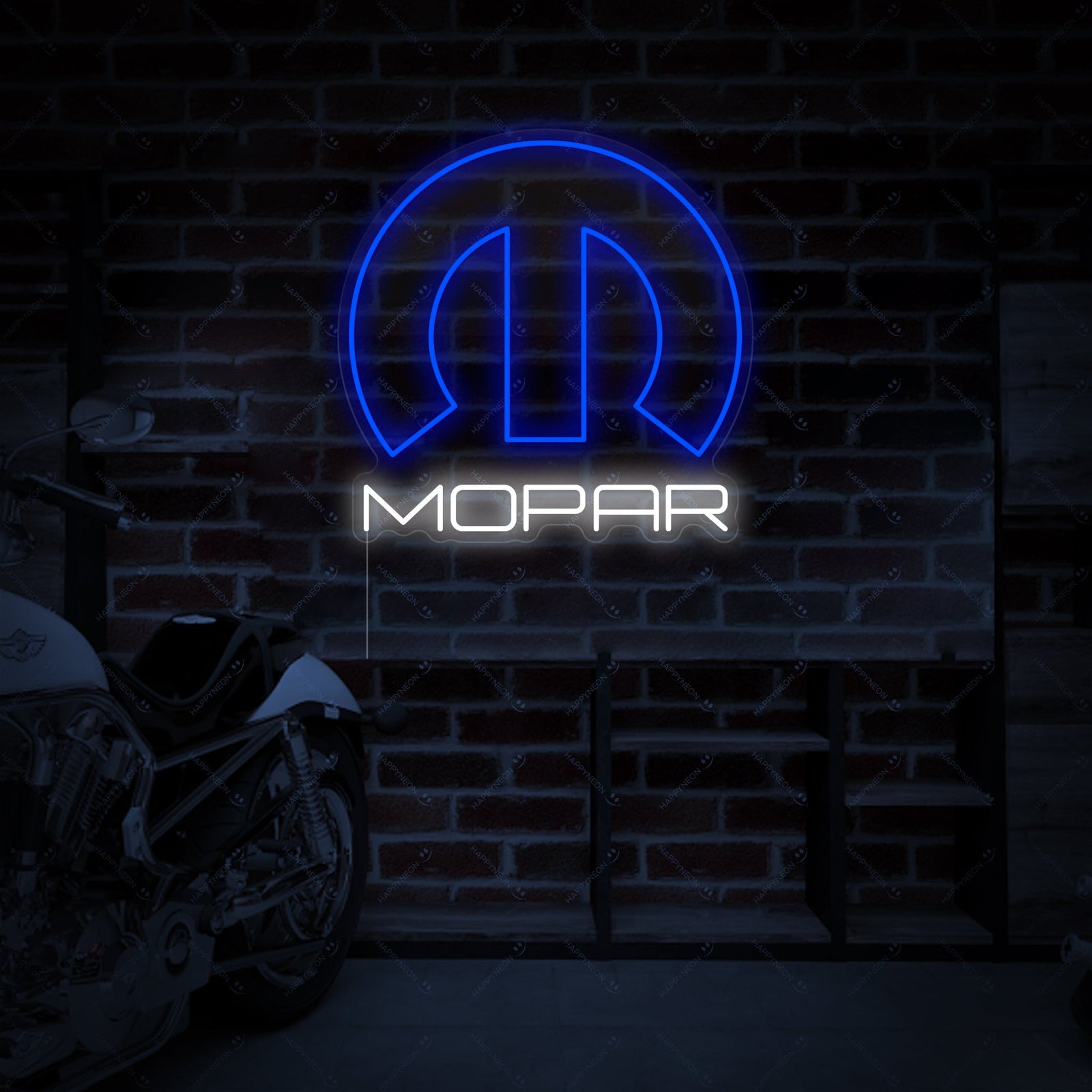 Vibrant blue and white Mopar neon sign illuminated on a textured wall.
