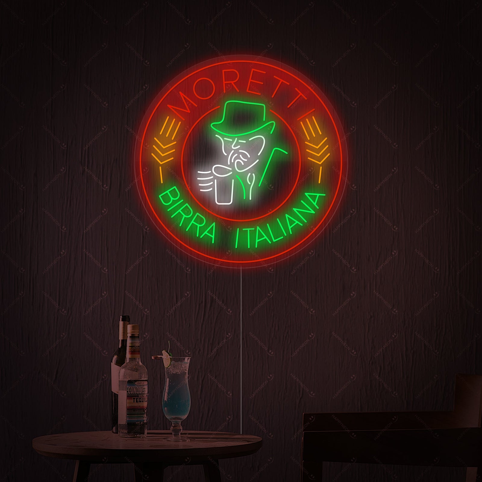 A glowing LED neon sign showing the Italian Moretti beer brand and Luigi Moretti character on a backing plate.