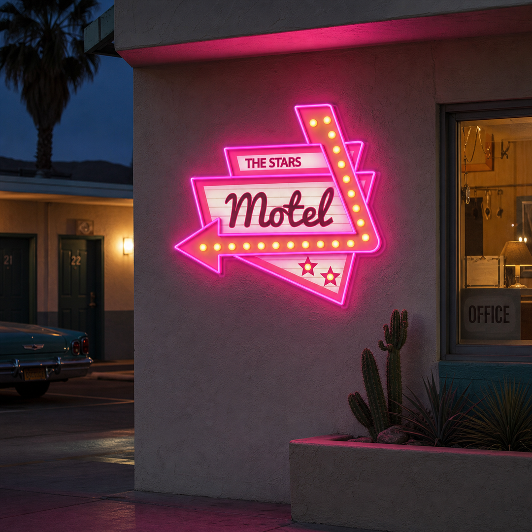 A graphic representation of a vintage 'Motel' neon sign with stylized retro lettering against a dark background.