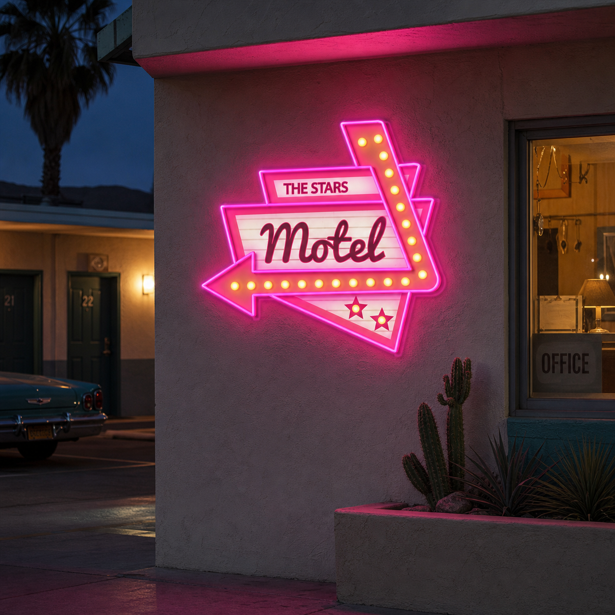 A graphic representation of a vintage 'Motel' neon sign with stylized retro lettering against a dark background.