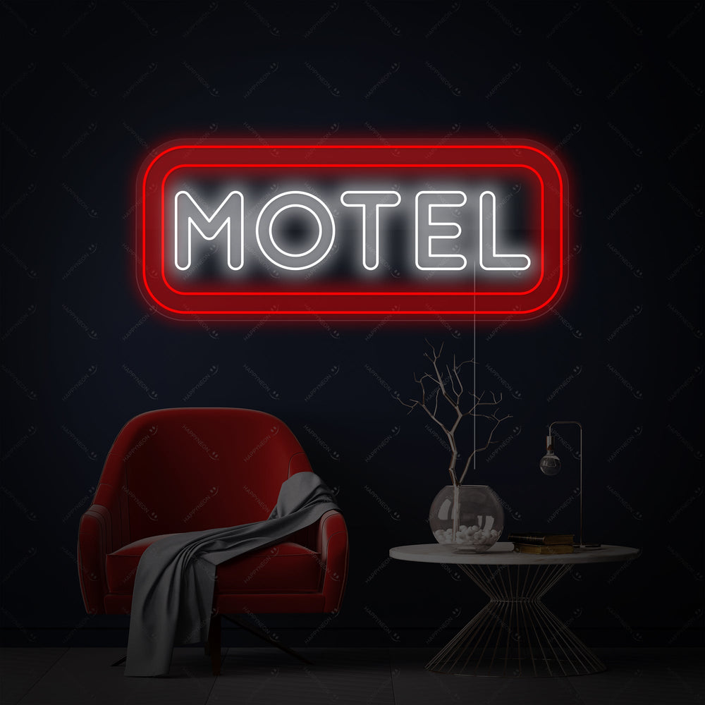 A close-up view of the Motel neon sign design, highlighting the classic script lettering and realistic glow effect.
