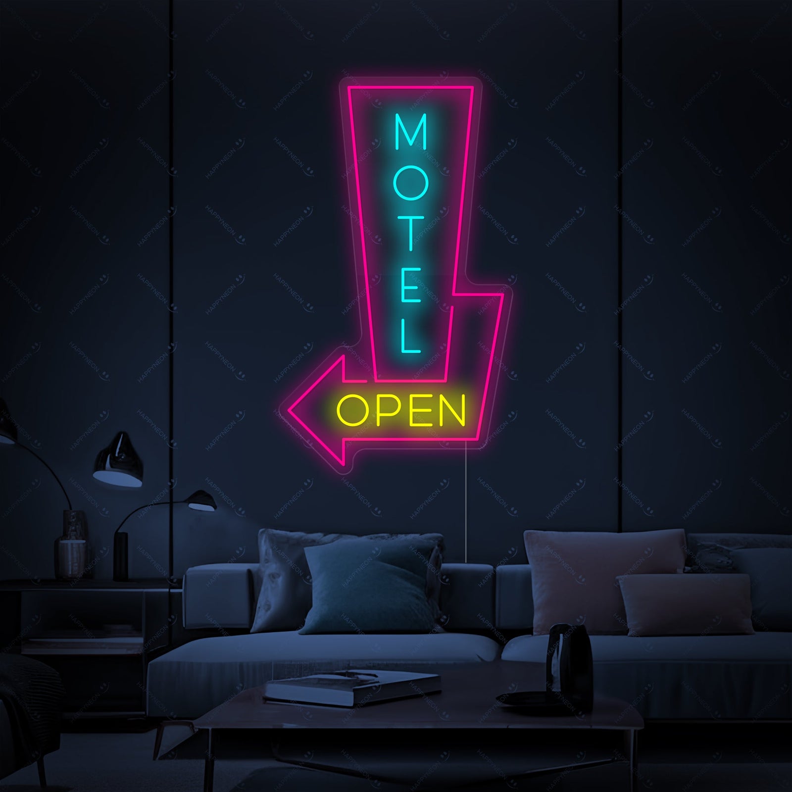 A photorealistic mockup showing the glowing 'Motel Open' neon sign above a sofa in a modern industrial loft-style living room