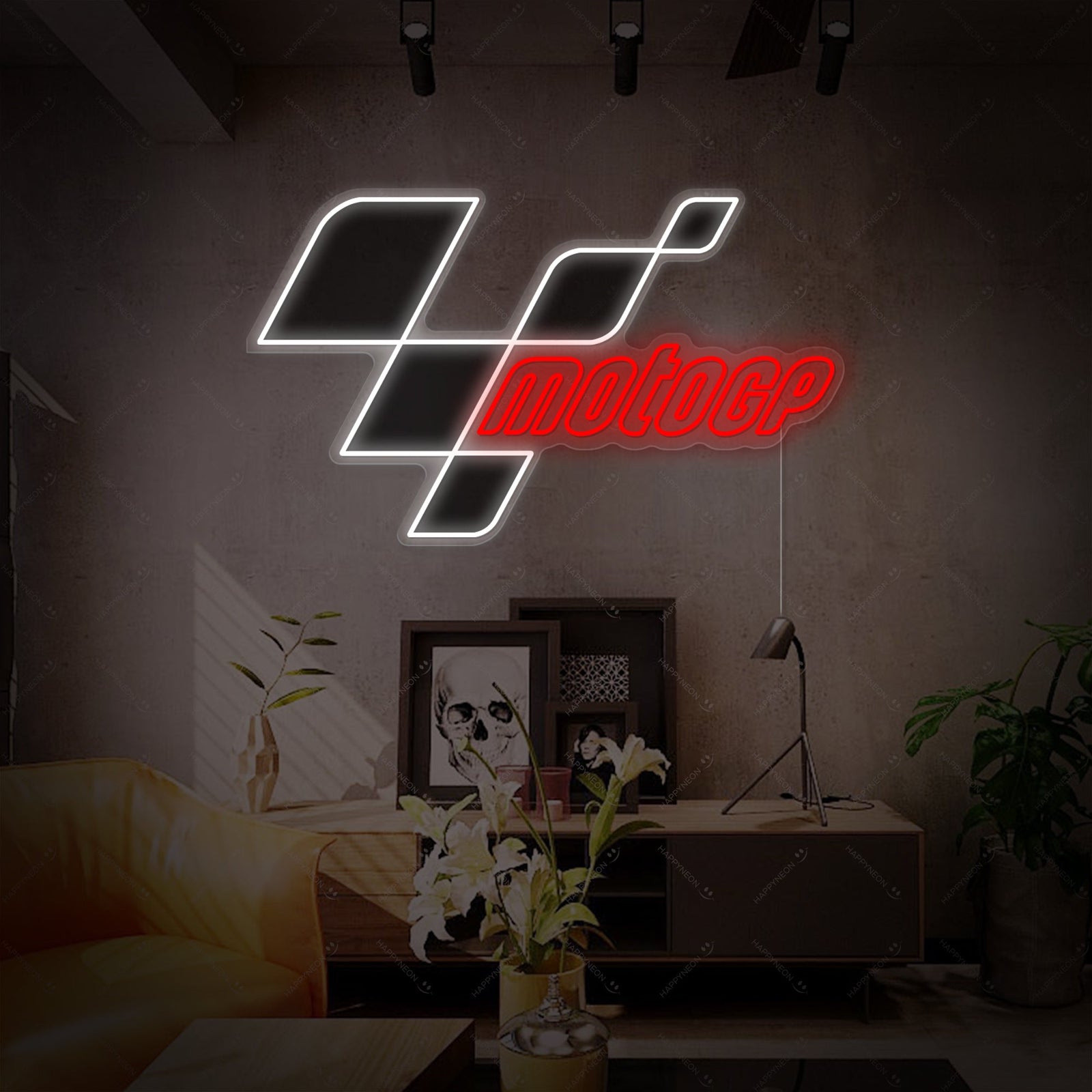 A flat graphic representation of the official MotoGP logo depicted as a neon sign concept on a dark background.
