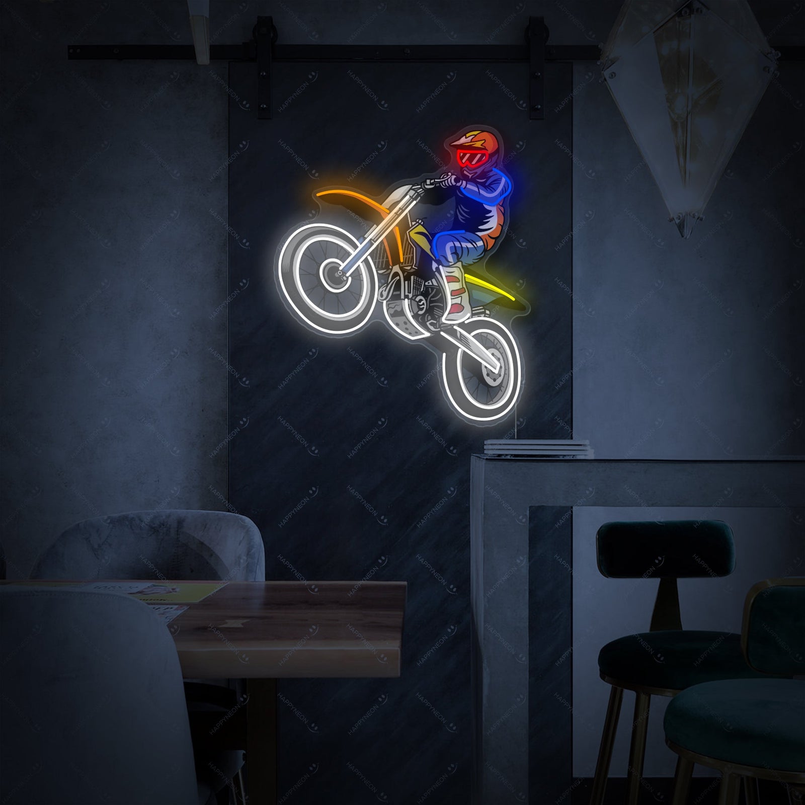 The digital design for the 'Motocross Rider Jumping Riding' neon sign, showing the luminous blue and orange outline graphic against a clean background.