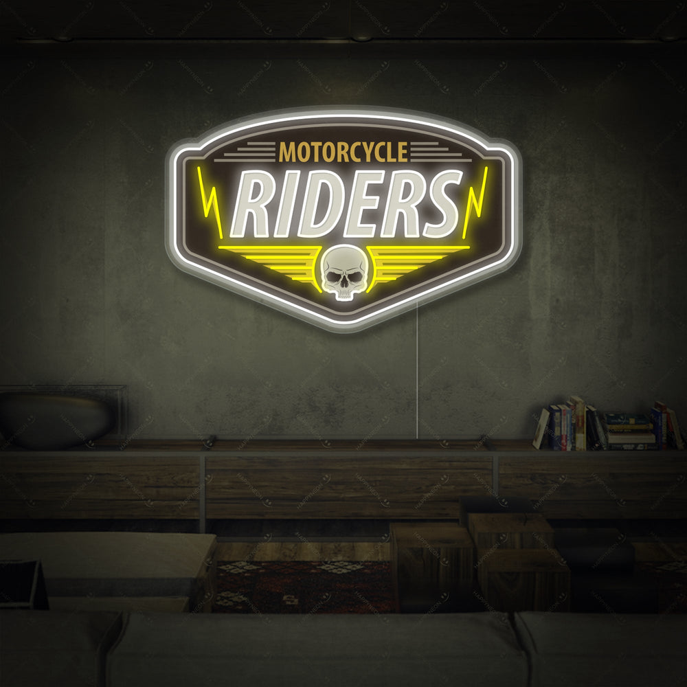Motorcycle Riders neon sign graphic showing a glowing biker silhouette above a skull and crossed pistons emblem.