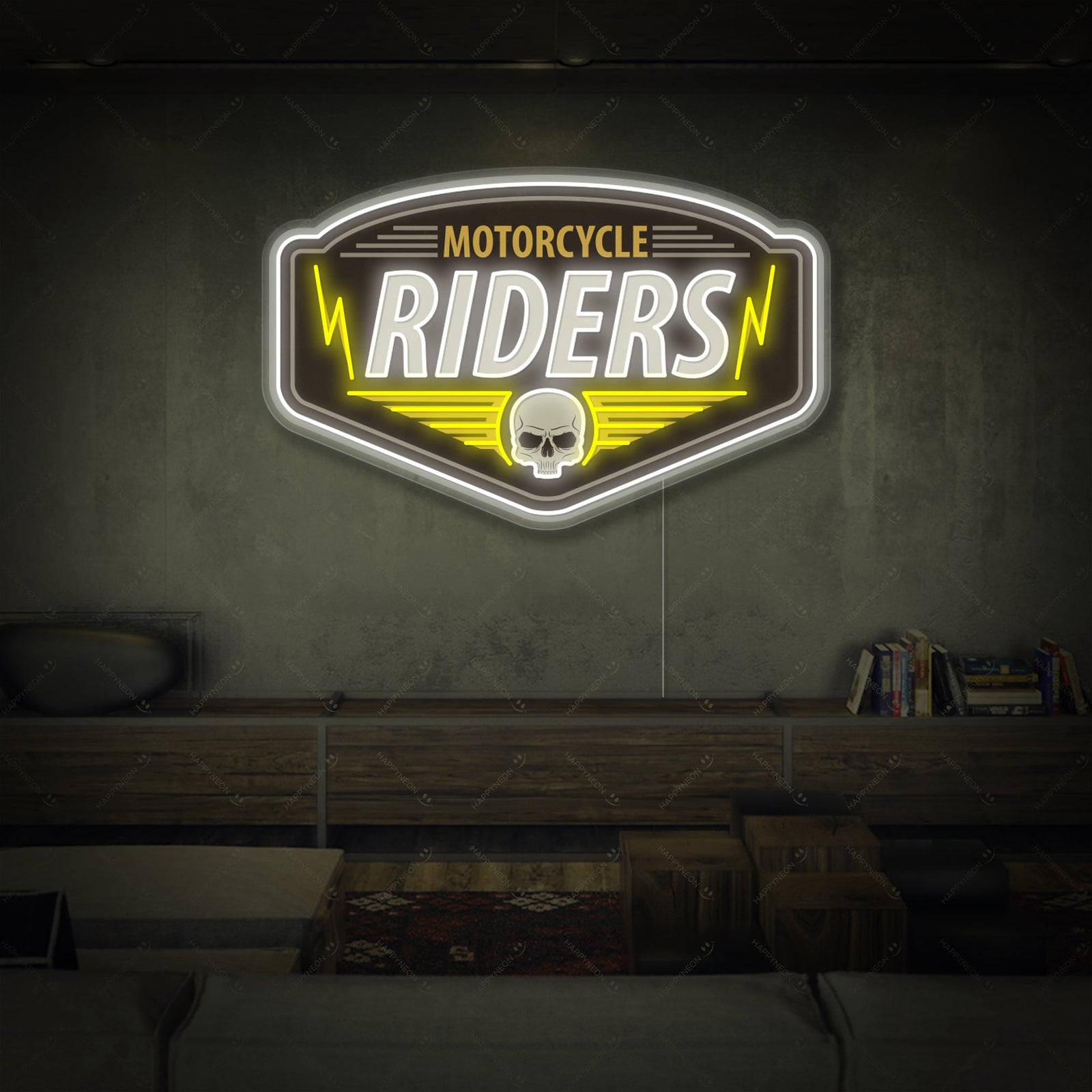 Motorcycle Riders neon sign graphic showing a glowing biker silhouette above a skull and crossed pistons emblem.