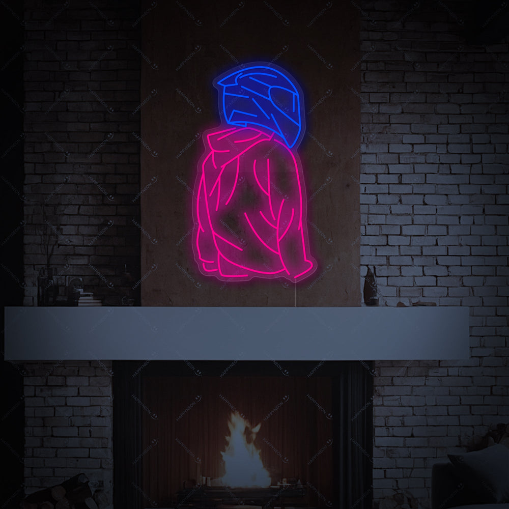 A clean, graphic representation of the 'Motorcyclist' neon sign design against a neutral background.