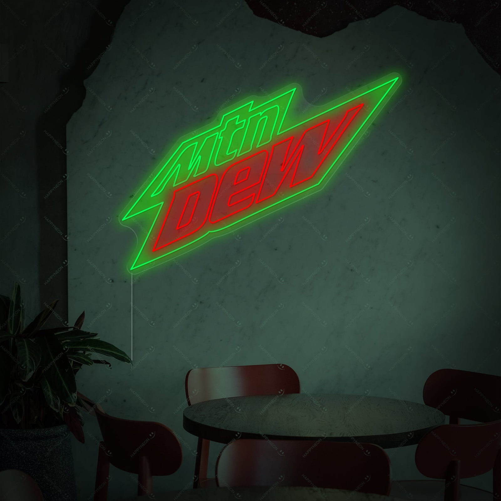 Mountain Dew neon sign glowing brightly, capturing the official brand logo design.