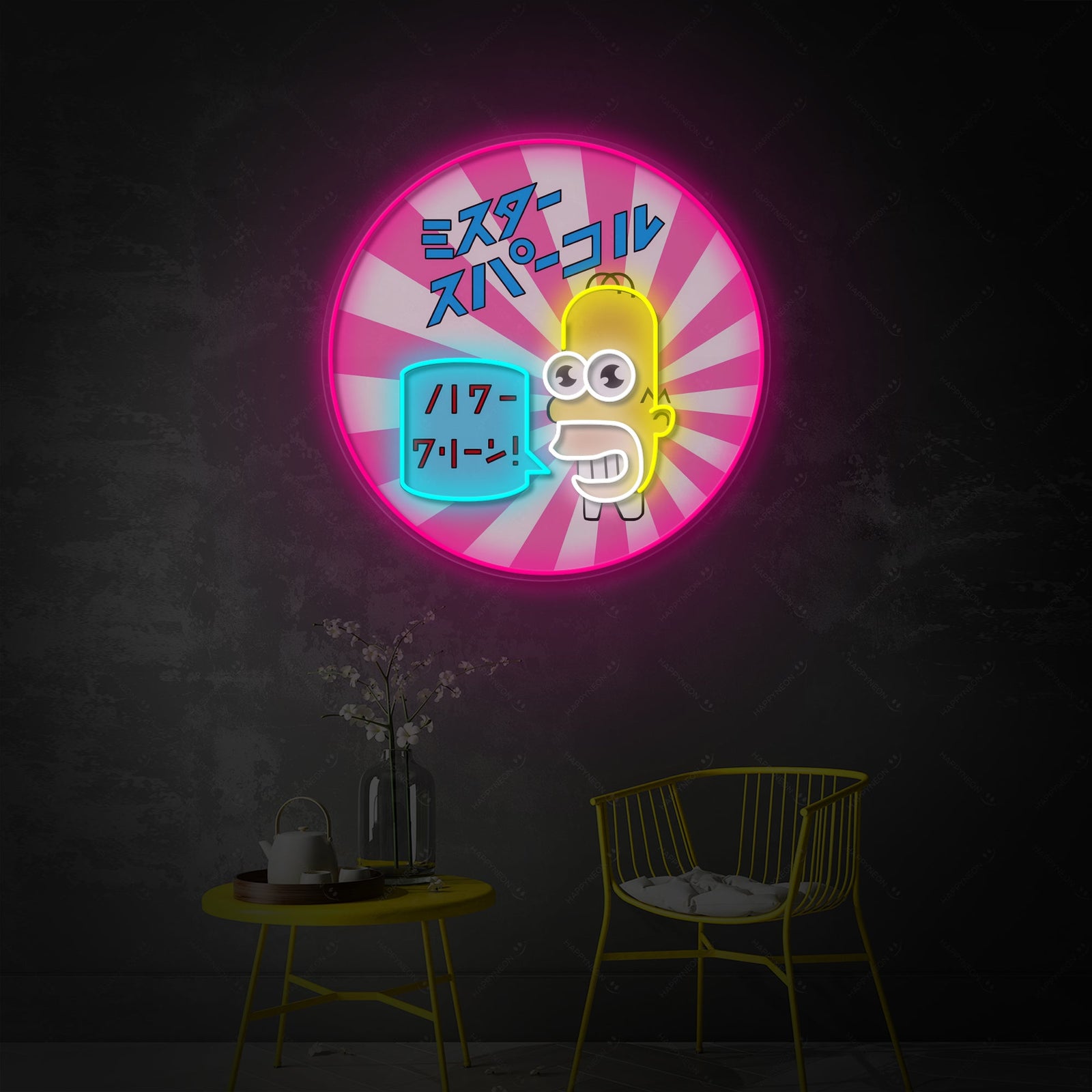 Mr. Sparkle neon sign glowing in a modern room setting