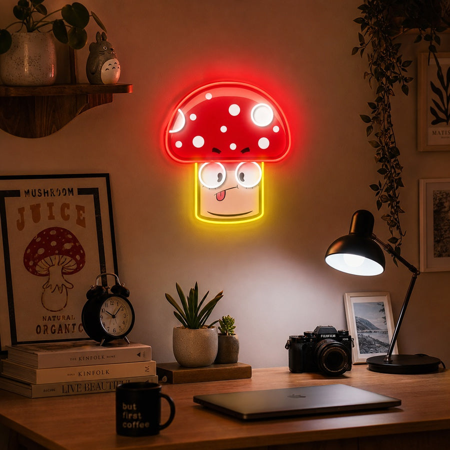 Cute Mushroom Cartoon neon sign displaying a red smiling mushroom with white spots against a dark background in a modern room setting.