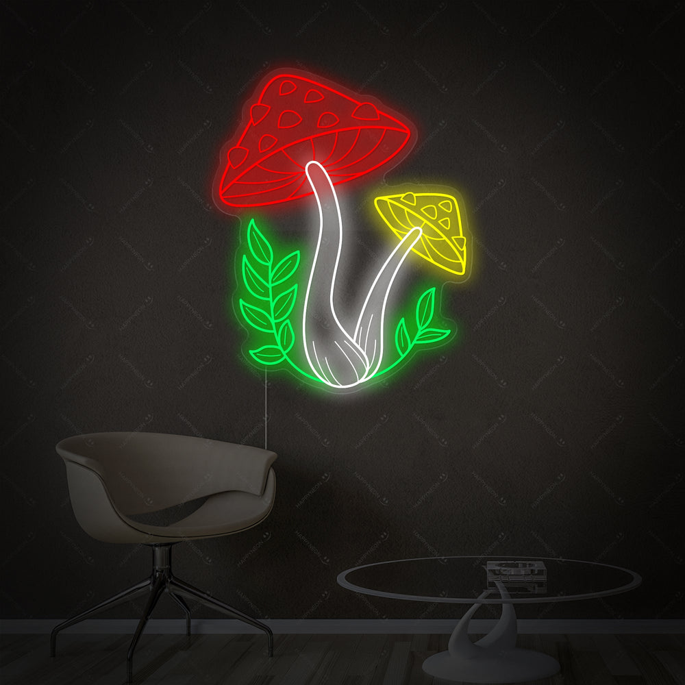 A custom-designed mushroom neon sign with a clear acrylic backing, displayed on a wall in a staged interior setting.