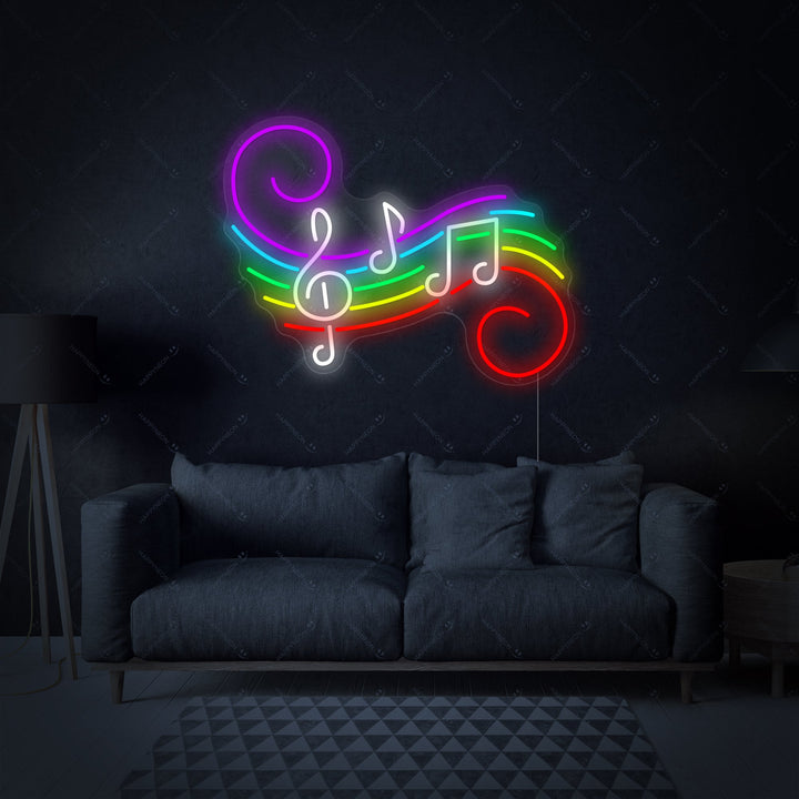 Product visualization of the Music Notes neon sign showing the blue glowing clef and notes on a clear backing with power cord.