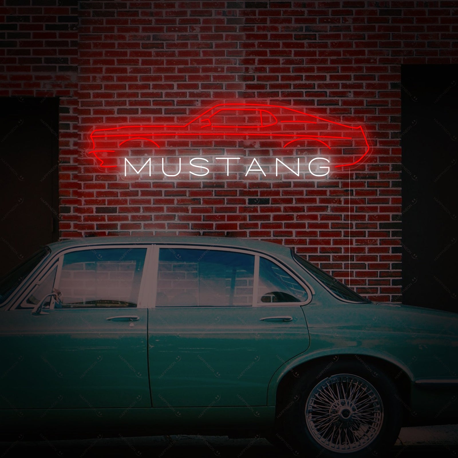 A digital mockup of a Mustang Car neon sign mounted on a garage wall.