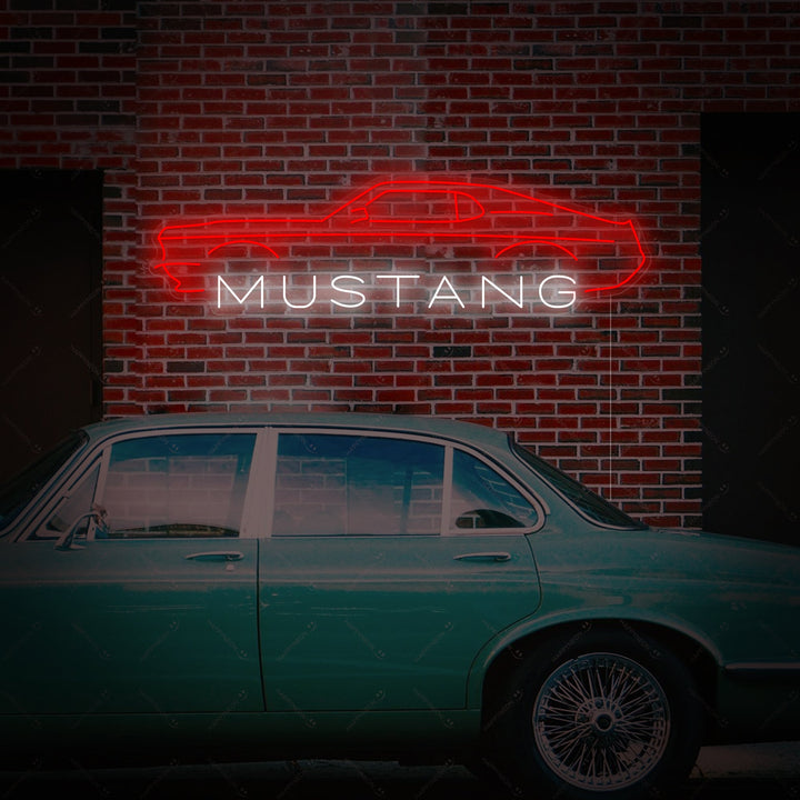 A digital mockup of a Mustang Car neon sign mounted on a garage wall.