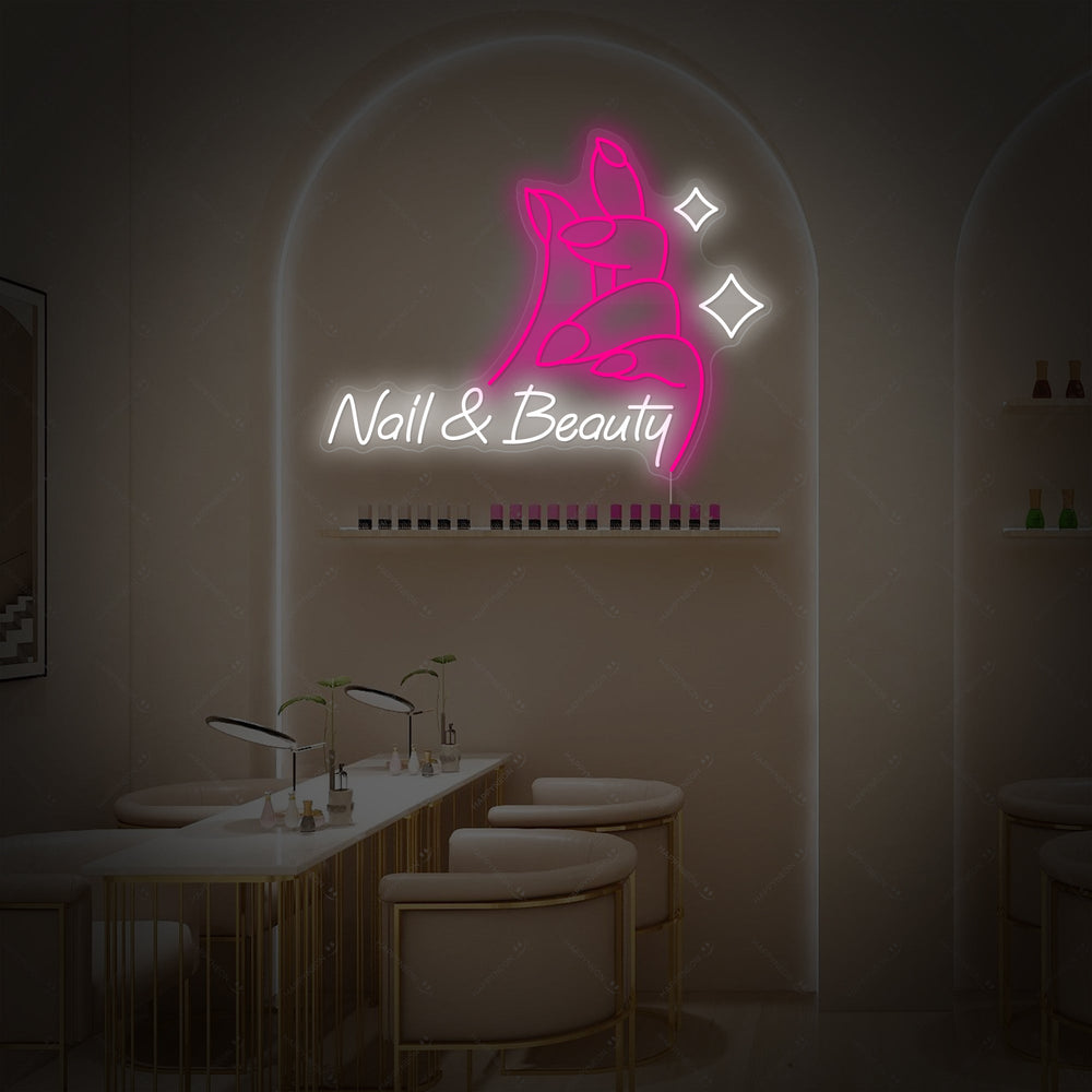 Digital rendering of the 'Nail & Beauty' neon sign graphic glowing against a dark textured wall in an upscale studio setting.