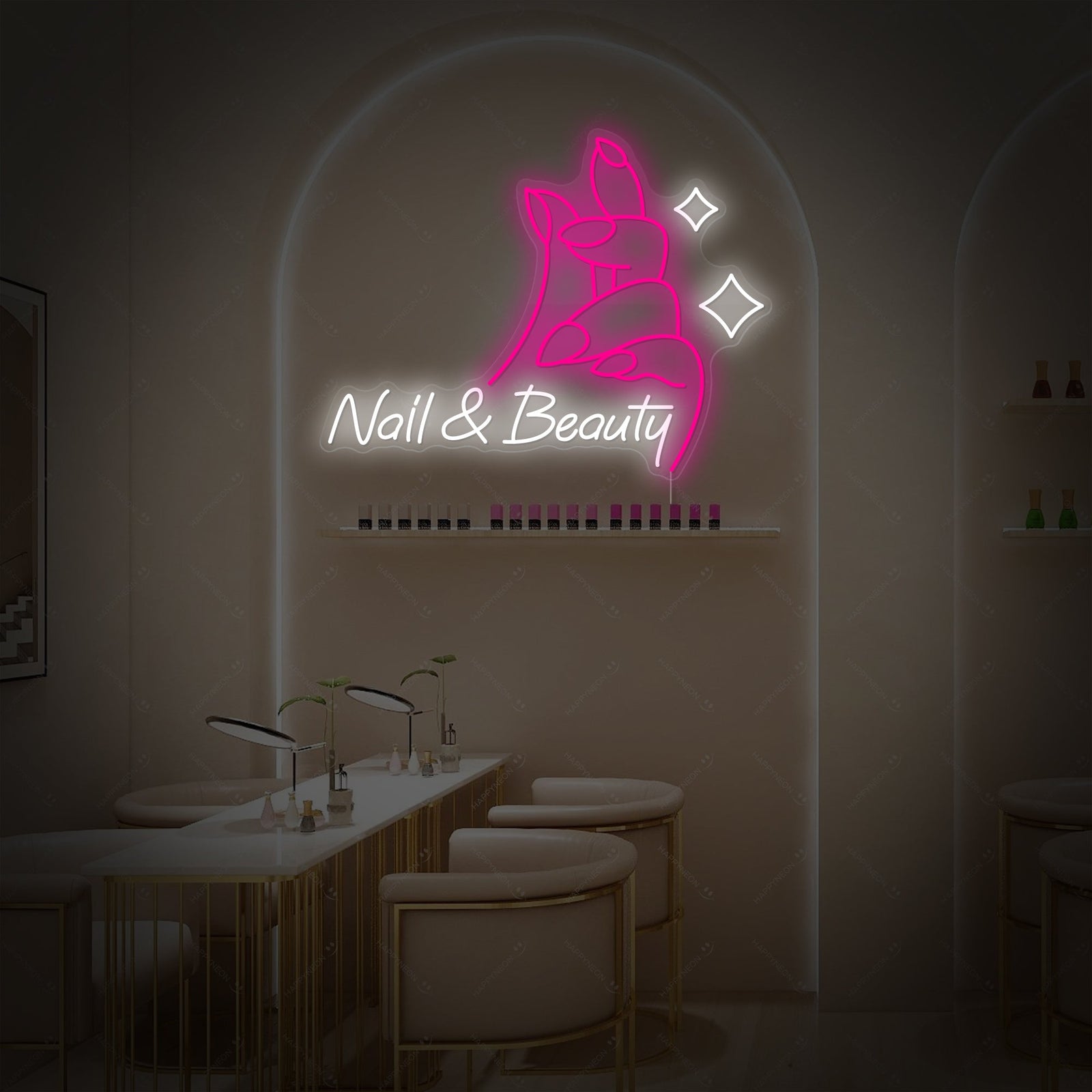 Digital rendering of the 'Nail & Beauty' neon sign graphic glowing against a dark textured wall in an upscale studio setting.