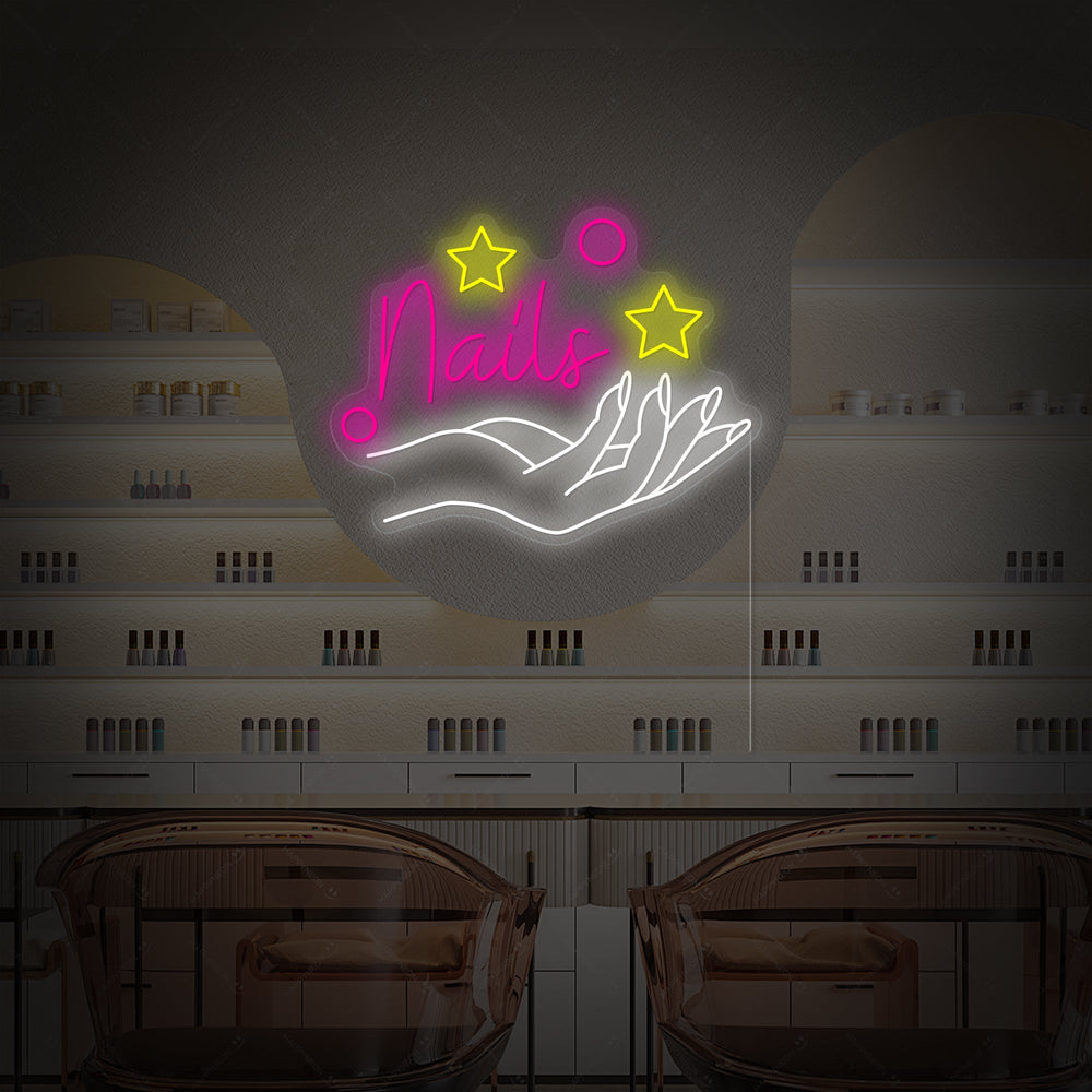 The 'Nail Salon' neon art design featuring stylized script and circular outlines on a clear acrylic backing, shown as an product mockup.