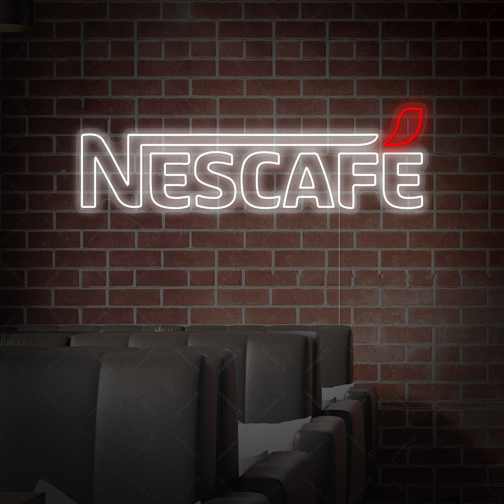 A close-up view of the glowing blue Nescafe logo neon sign on a clear acrylic backing.