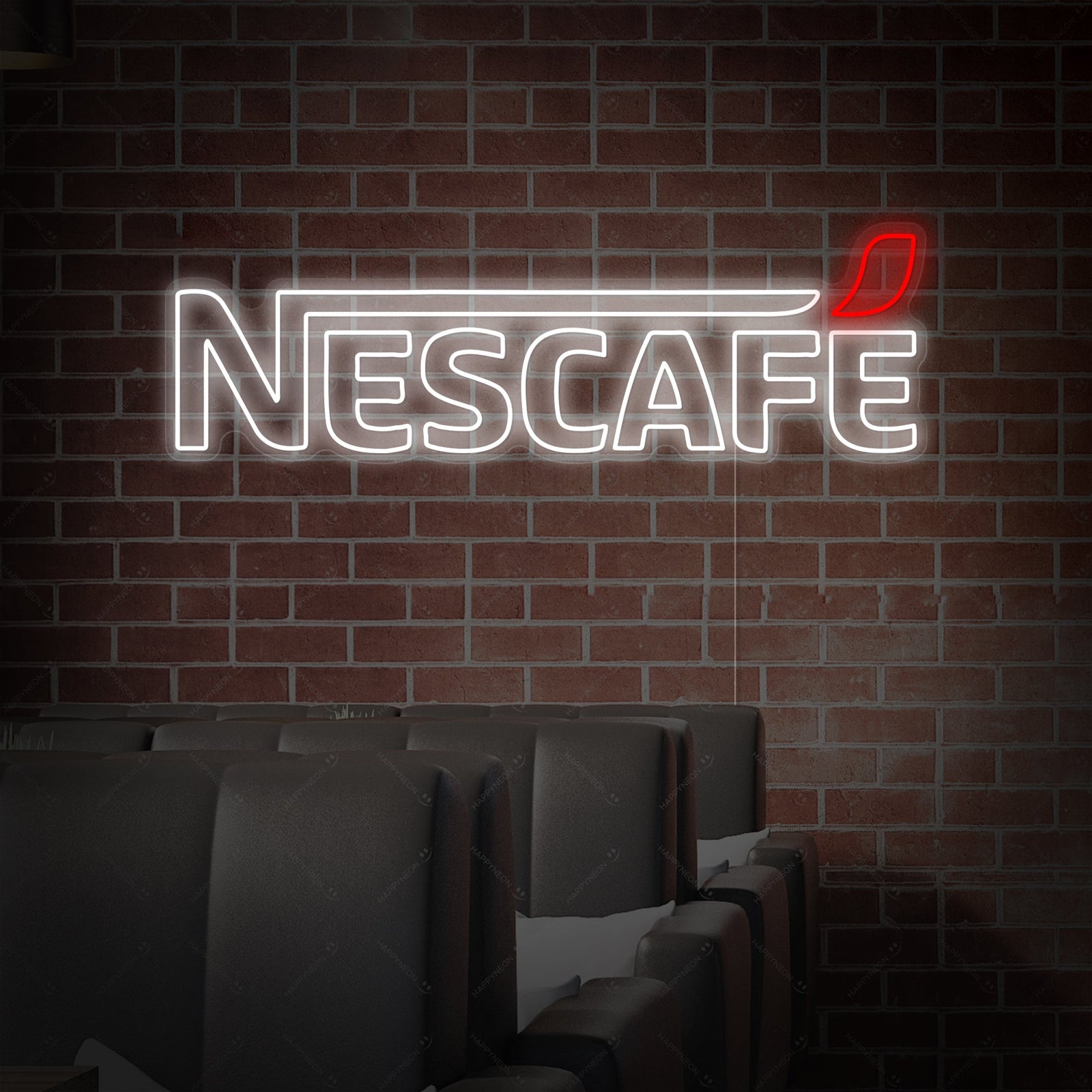 A close-up view of the glowing blue Nescafe logo neon sign on a clear acrylic backing.