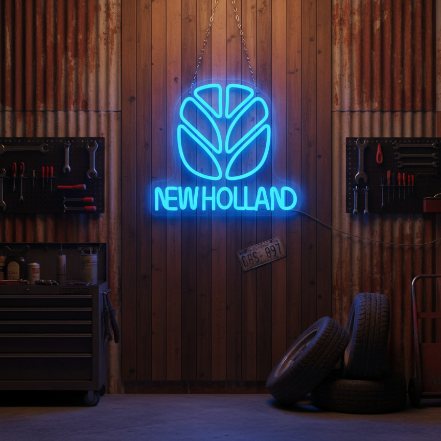 Blue New Holland logo neon sign glowing in a rustic workshop environment.