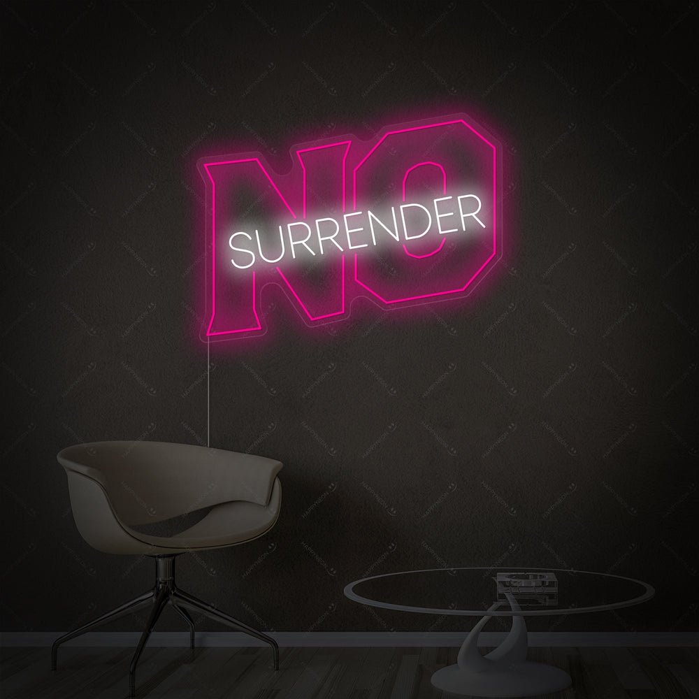 Detailed close-up photograph showing the vibrant No Surrender neon sign, highlighting the craftsmanship, wiring, and intricate glow of the neon tubing.