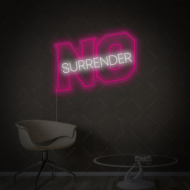 Detailed close-up photograph showing the vibrant No Surrender neon sign, highlighting the craftsmanship, wiring, and intricate glow of the neon tubing.