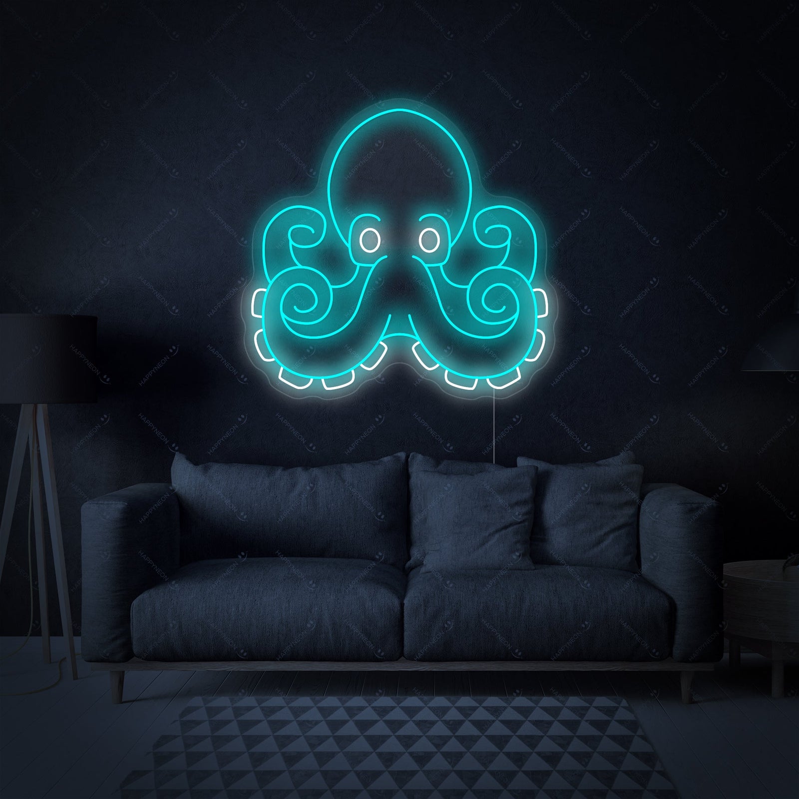 A beautifully designed Octopus neon sign, rendered in rich purple and deep blue neon tubing, mounted on a sleek black background. The clean lines clearly outline the octopus’s body and its flowing, detailed tentacles. This minimalist yet striking image highlights the quality craftsmanship and vibrant luminescence of the sign, set against a simple backdrop.